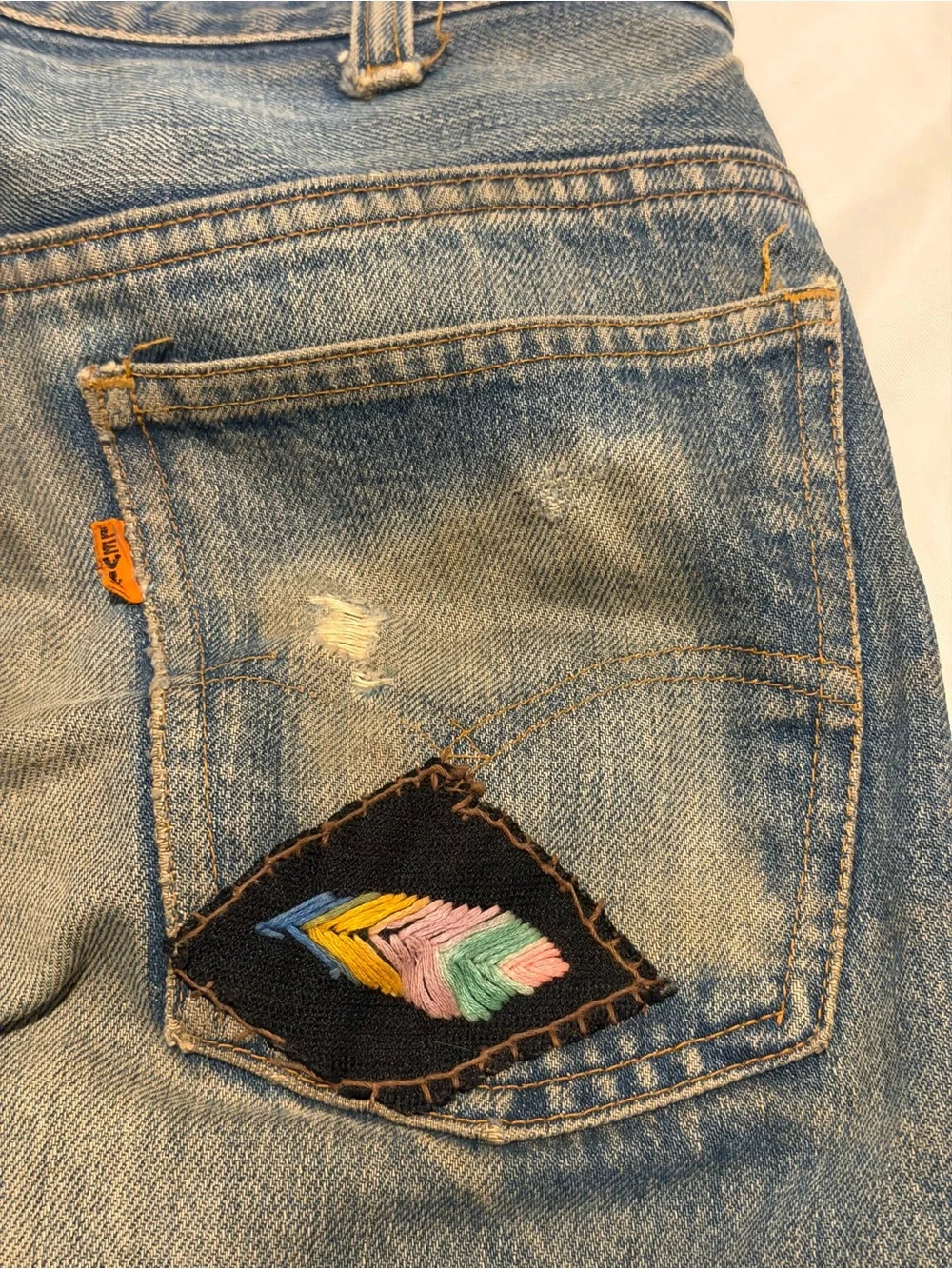 Levi's big E Blue Flare Jeans with Embroidered Knee Patches, pre-owned
